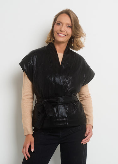 Veste matelassée sans manches ceinturée Noir Brillant