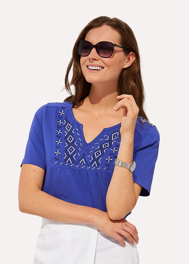 T-shirt long manches courtes brodé Bleu