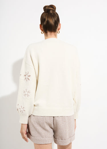 Pull montant application fleurs brodées Beige