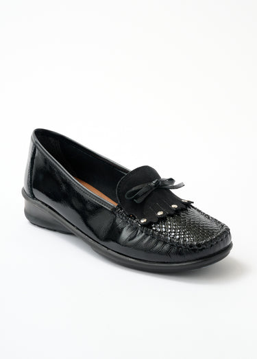 Mocassins compensés cuir patte frangée Vernis Noir