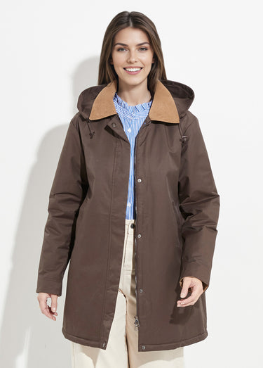 Parka déperlante longue avec col velours Chocolat/Camel