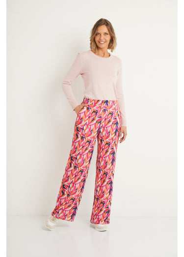 Pantalon large taille élastiquée feuillage Marine/Rose