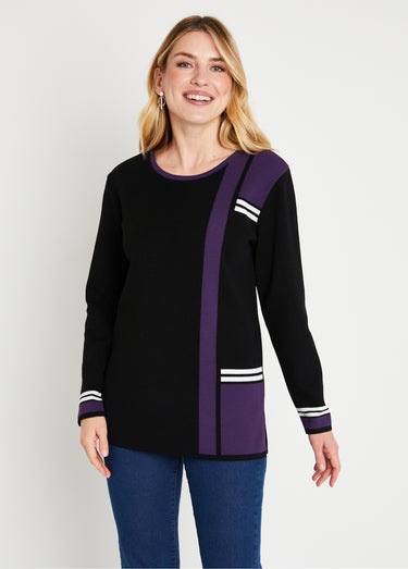 Pull-tunique long jacquard graphique color block Noir/Prune