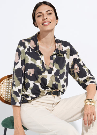 Chemisier fluide camouflage et col tailleur Noir/Kaki