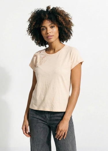 T-shirt brodé ajouré manches courtes Beige