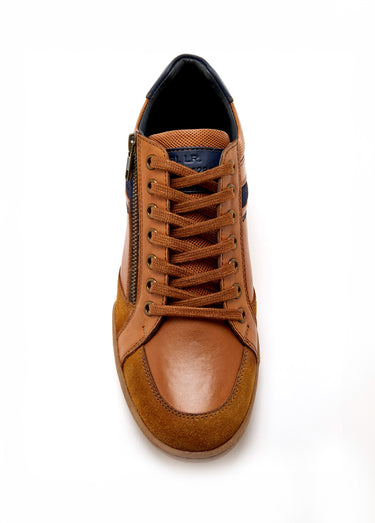 Baskets en cuir multimatières lacets et zip Marron