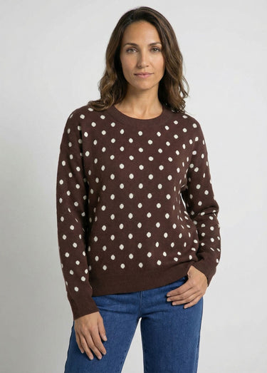 Pull à pois col rond, maille jacquard Chocolat