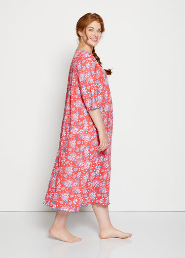 Chemise de nuit longue manches 3/4 coton imprimé Fond Rouge