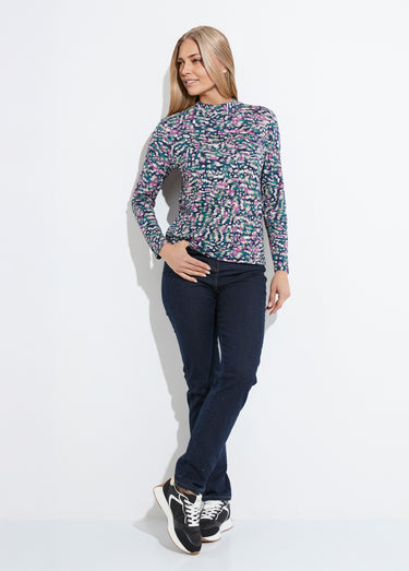 Sous-pull imprimé col montant manches longues Marine/Rose