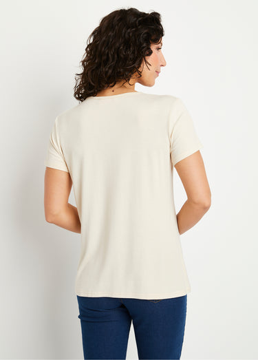 T-shirt court col rond bijou Uni Beige