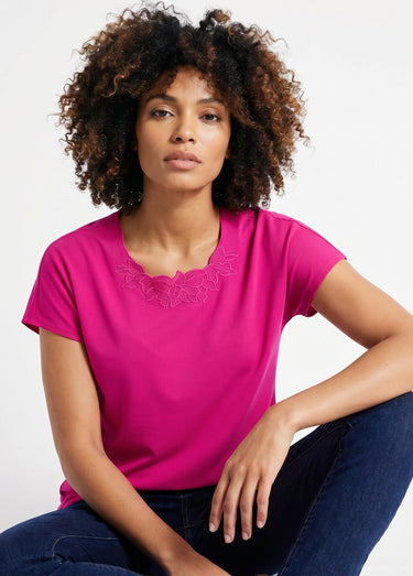 Top long manches courtes broderies col rond Fuchsia