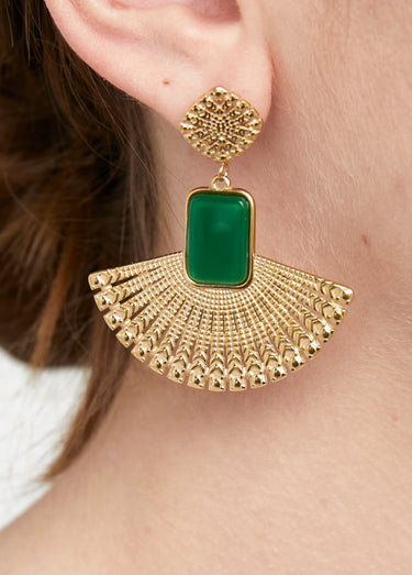 Boucles d'oreille acier forme éventail Dore/Vert