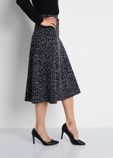 Jupe longue évasée maille jacquard Gris / Leopard