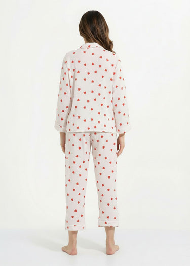 Pyjama 2 pièces gaze de coton et cœurs Blanc