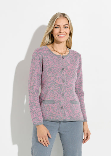 Gilet cardigan boutonné jacquard col rond Rose/Gris