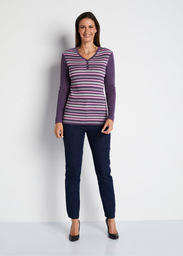 Pull encolure tunisienne avec laine mérinos Raye Prune/Rose