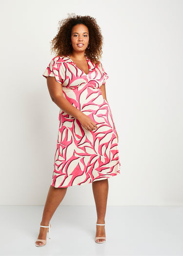 Robe courte évasée motif feuilles Rose/Ecru