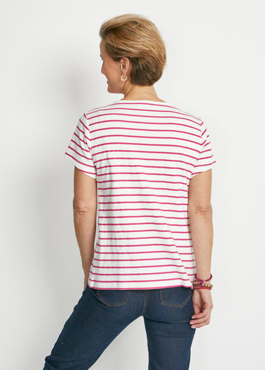 Tee-shirt rayé manches courtes dentelle Framboise/Ecru