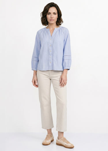 Tunique col V boutonnée, détails macramé Bleu Clair