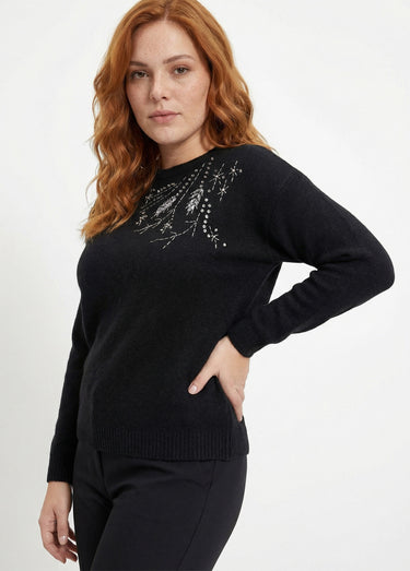 Pull doux col rond avec strass et sequins Noir