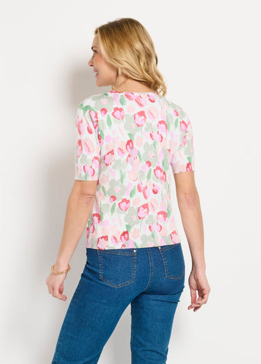 Pull doux manches courtes col rond Vert/Coquelicot