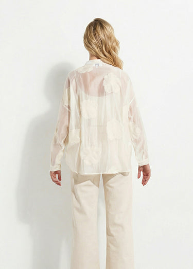 Chemisier en voile, broderies camelias Blanc