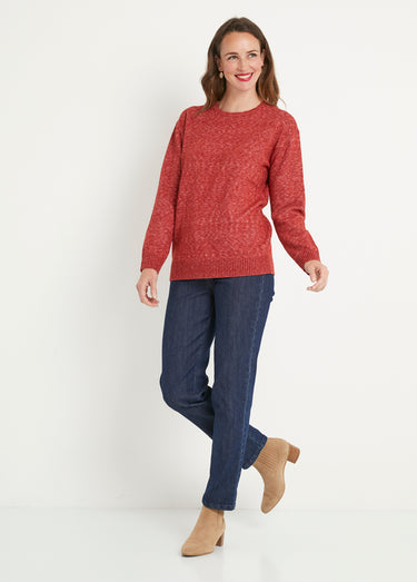 Pull chiné court col rond avec laine Brique