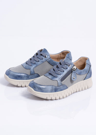 Baskets bi-matière lacées et zippées largeur confort Bleu