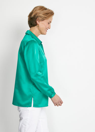 Chemisier long droit boutonné en satin Uni Vert