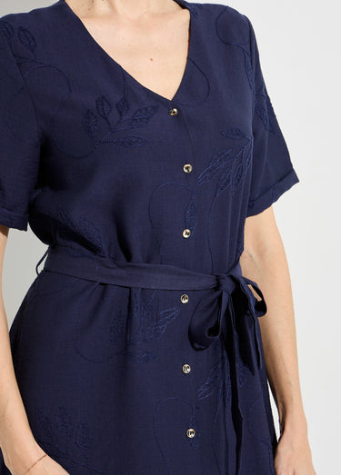 Robe chemisier col V, brodée feuillage Marine