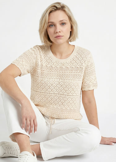 Pull manches courtes blousant ajouré col rond Ficelle