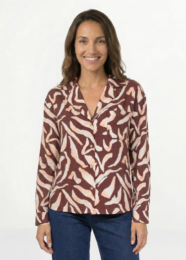Chemisier imprimé graphique col tailleur Marron/Ecru