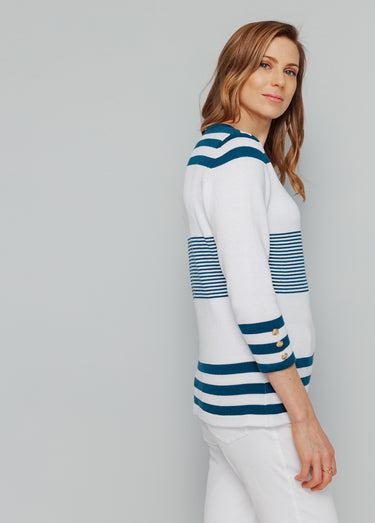 Pull rayé manches 3/4 coton Raye Bleu