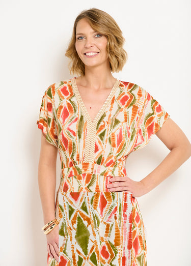 Robe longue col V évasée imprimée Vert/Terracota