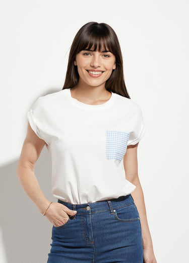 T-shirt coton manches kimono poche vichy Blanc
