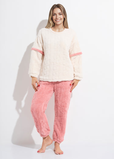 Pyjama 2 pièces polaire, motif cotelé Ecru/Rose