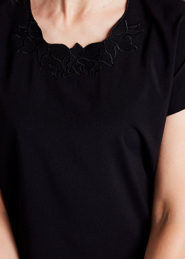Top long manches courtes broderies col rond Noir