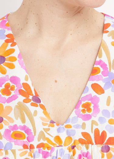Robe fleurie, détail dos forme  goutte Orange/Violet