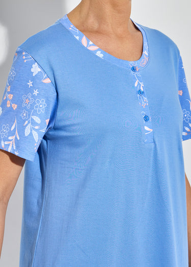 Chemise de nuit courte col tunisien coton Bleu