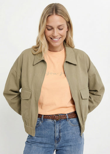 Blouson zippé en toile, taille resserrée Kaki