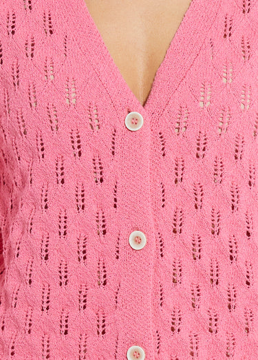 Cardigan col V boutonné ajouré uni coton Rose