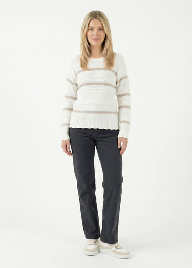 Pull doux rayé col rond maille fantaisie Écru / Doré