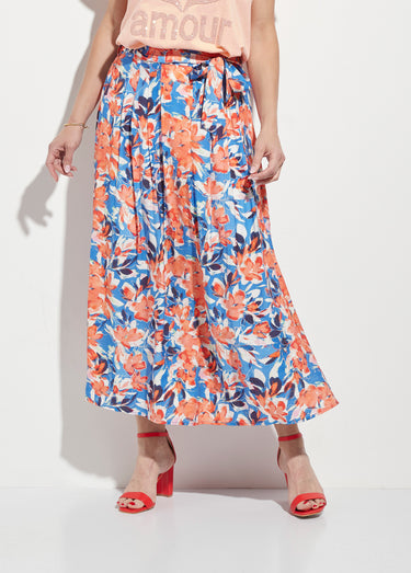 Jupe longue plissée fleurie fentes côtés Bleu / Orange