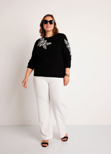 Pull fin brodé Noir / Blanc