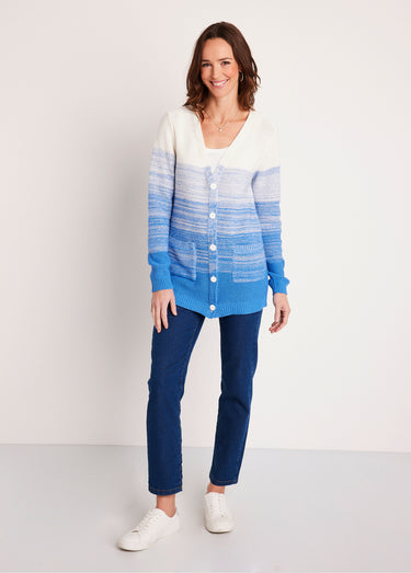 Gilet long col V boutonné coton Blanc/Bleu