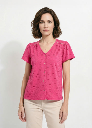 T-shirt col V effet broderie manches courtes Fuchsia