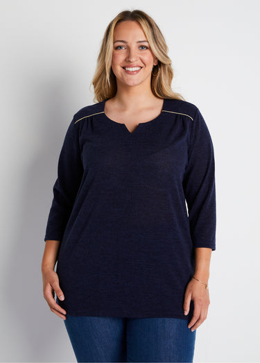T-shirt long évasé manches 3/4 col rond Uni Marine