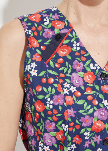 Tablier sans manches boutonné imprimé fleuri Marine