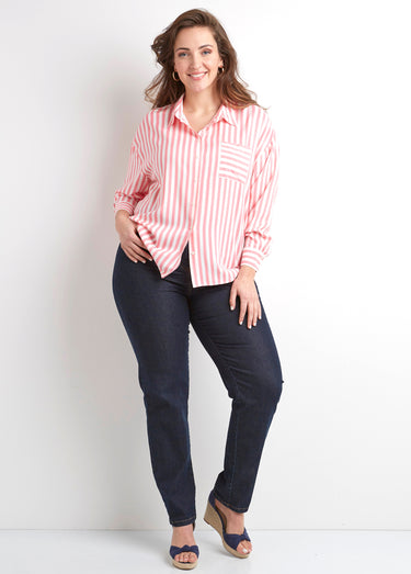 Chemisier fluide rayé long manches longues Rose / Blanc