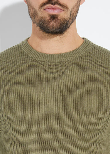 Pull col rond maille torsadée pur coton Kaki